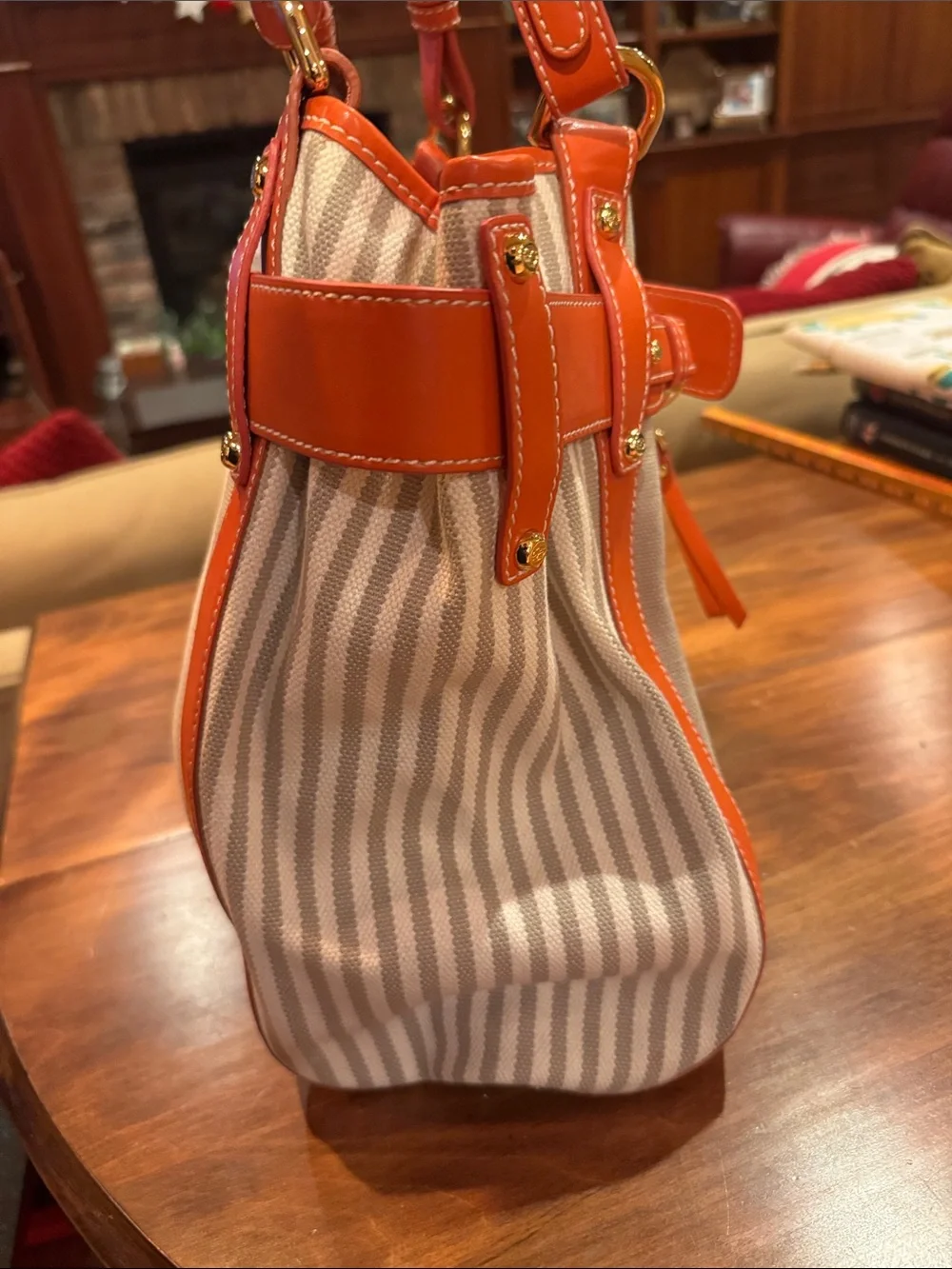 NWT Francesco Biasia Perfect Striped Canvas Leather Tote Bag Orange Luxury Italy - Picture 10 of 14